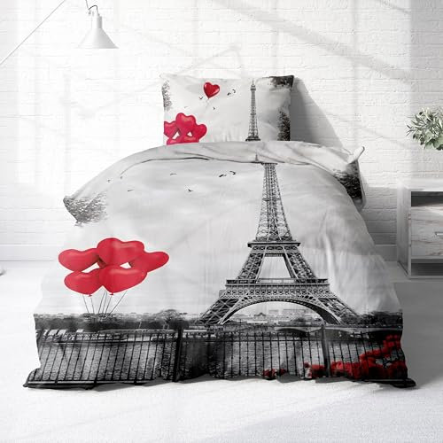 Träumschön Premium Bettwäsche 135x200 + 80x80 cm - Paris Design Grau - Sommer Bettwäsche aus Baumwolle – Weich, Atmungsaktiv & Hautfreundlich - bügelfrei