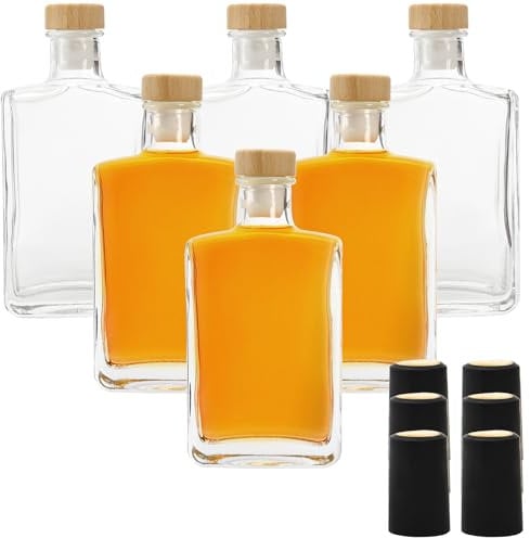 Coloch 6 Pack Glass Wine Bottles, 6 Oz(200ml) Square Glass Liquor Bottles with T-Top Cork and Shrink Capsules, Heavy Base Hot Sauce Bottle Vodka Bottle for Wine, Whiskey, Vodka, Beer, Soda