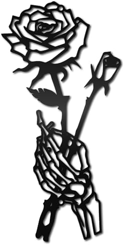 CREATCABIN Skeletthand Rose Wanddekoration Blume Metall Wandkunst Minimalistisch Halloween Gothic Linienkunst Totenkopf Einzigartige Liebes Hängeskulptur Für Wand Heimdekoration Schwarz 30x15cm