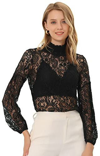 Allegra K Women's Lace Long Sleeve Tops Ruffle Neck Elegant Floral Blouses Black 3XL