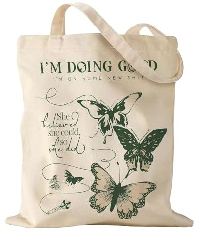 ALMLWIAJ Bolsa de lona con estampado de mariposas y flores, bolsa de compras de 35 x 38 cm, algodón natural, diseño floral, color crema, Hudei, 15 inch (HUDEI)