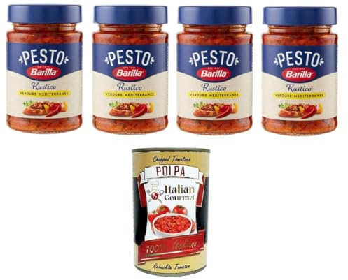 Italian Gourmet Pesto Rustico Verdure Mediterranee Sugo per Pasta 4 x 200g | Cremige Würzsauce mit Gemüse, ideal zu Nudeln, Bruschetta und schnellen, Gesamtnettogewicht 800 g + Kostenlos Polpa 400g