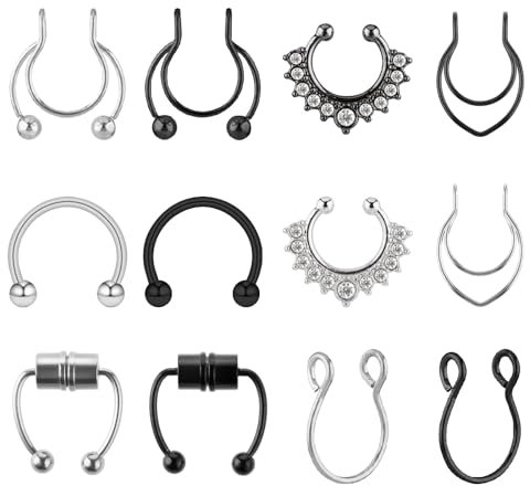 HekouJiub Lot de 12 faux piercings de septum en acier inoxydable hypoallergénique à clipser pour le nez, la lèvre, le septum pour homme et femme