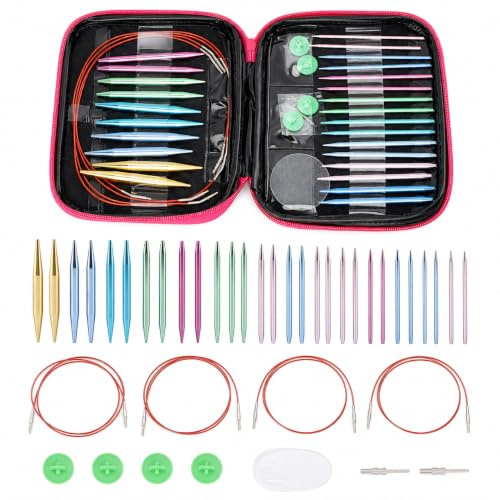 YUMILI Juego de agujas circulares para tejer, agujas de aluminio para tejer, juego de 13 pares con 4 hilos, bolsa de transporte y accesorios, ideal para amantes del punto, regalos artesanales