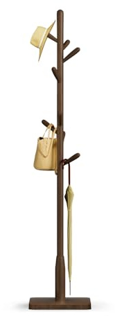 Awatiwa Porte-manteau carré en bois massif avec 8 crochets (+2 de rechange) pour manteaux, chapeaux, sacs, sacs à main, pour entrée, couloir, crochets, base et mât(Base carrée, Noyer foncé)