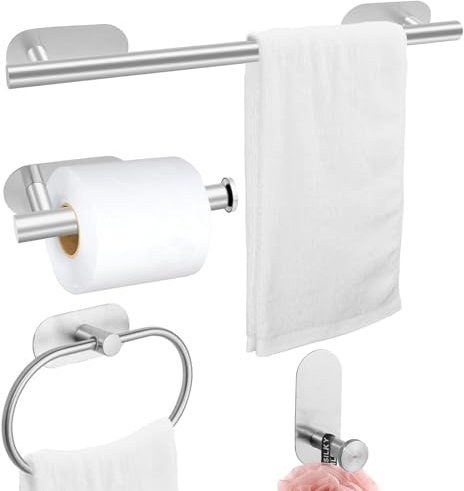 HYSHLC 4 Pcs Towel Bar and Toilet Roll Holder Set, Stainless Steel Bathroom Accessories, Self Adhesive Wall Mounted Towel Ring Set, Towel Rail Ring, Toilet Paper Holder, Hook for Bath, Shower, Kitchen