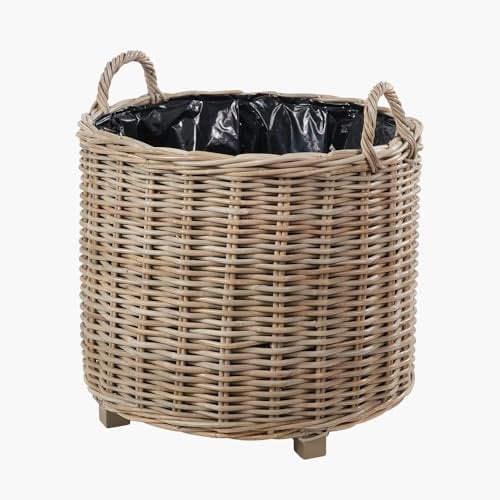 Bliss and Bloom Round Wicker Planter With Plastic Lining Grey & Buff Kubu Rattan Basket LARGE