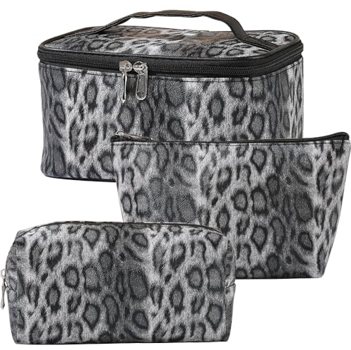 Kaxich Trousse Maquillage Femme, Ensemble de Trousse de Toilette de Voyage 3 Pièces pour Femmes, Trousse à Cosmétiques avec Imprimé Léopard pour Femme et Fille (Noir)