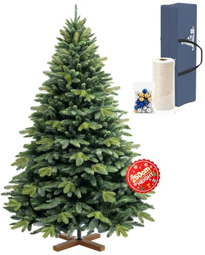 Ferzone 250cm Künstlicher Weihnachtsbaum mit 250 LED Beleuchtung&Aufbewahrungstasche, Grün Großer Tannenbaum mit Holz Ständer, 2186 PVC/PE Zweigen, Klapp-Schirmsystem, für Außen Innen