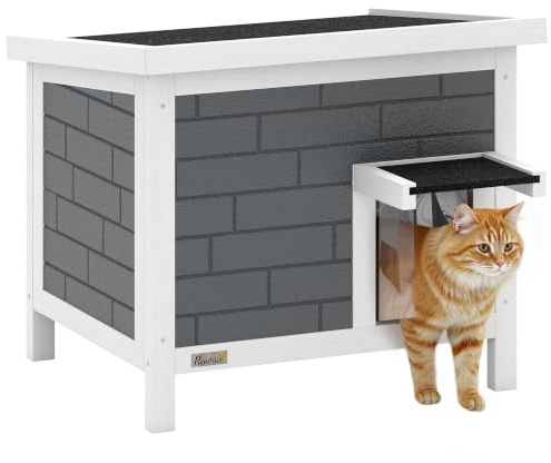 PawHut Outdoor Cat House Insulated Weatherproof 61 x 51 x 53.5 cm Grey | Wooden Feral Cat Shelter, Openable Asphalt Roof, Plastic Door Flaps, Rabbit Hutch for Bunnies, for Winter Outside