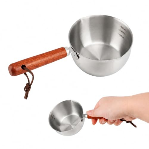 Milk Pan, Small Cast Iron Basting Pot Butter Warmer Pot with Wooden Handle Multi Purpose Stainless Steel Cooking Pan for Milk, Coffee, Tea(150ML)