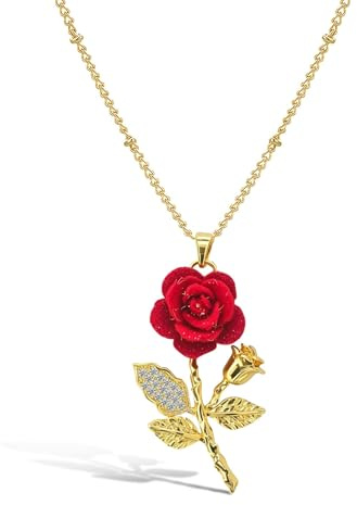 RIXERKOC Collana Rosa Rossa da Donna, Delicata Collana Ciondolo Rosa in Oro con Zirconi, Regali di San Valentino Estetici per Moglie Fidanzata Amante