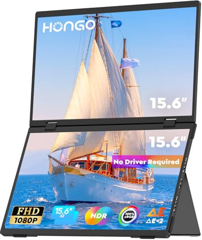 HONGO Dual Portable Monitor 15.6 Inch, 1080P FHD IPS Laptop Screen Extender, USB C Dual Screen Portable Monitor with Built-in Speakers, Foldable External Monitor for Laptop/PC/PS4/5/Travel Office