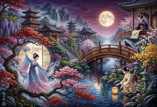 Japanische Landschaft Frauen Puzzle 1000 Teile, Geduldsspiel | Puzzle mit 1000 Teile, Größe 52x38cm, ab 14 J., Motiv Japanische Frauen für Denkspiel für Erwachsene und Geschenkideen