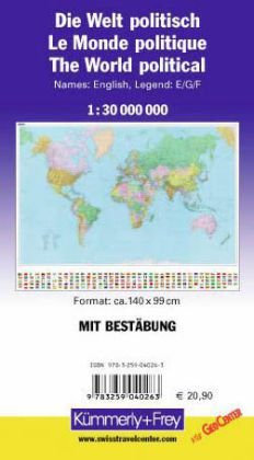 Kümmerly & Frey Poster Die Welt, politisch, 1 : 30 Mio., mit Metallstäben. Le Monde, politique, 1 : 30 Mio.. The World, political, 1 : 30 Mio.: Namen: Engl. Legende: Engl.-Dtsch.-Französ.. Plano