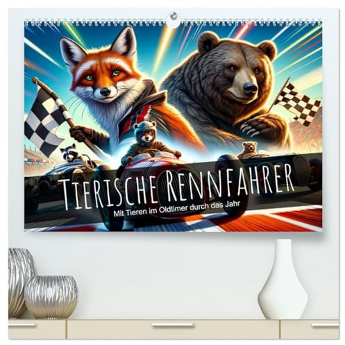 Tierische Rennfahrer - Mit Tieren im Oldtimer durch das Jahr (hochwertiger Premium Wandkalender 2026 DIN A2 quer), Kunstdruck in Hochglanz: Tiere im Rennen: Ein Jahr voller Tempo (CALVENDO Spass)