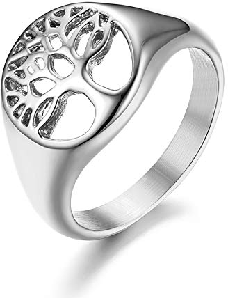 JewelryWe Lebensbaum Ringe Damen Edelstahl: Damen-Ring Edelstahl Baum des Lebens Hollow Ring Siegelring Fingerring Band mit Gravur Silber Größe 52