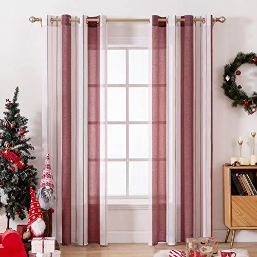 MIULEE Gardinen Gestreift Transparent mit Ösen-Voile Vorhänge Wohnzimmer Modern 2er Set, Vorhang Schlafzimmer Transparent mit Weinrot Weiss Gestreift Muster Vorhang Halbtransparent Streifen 140X260 CM