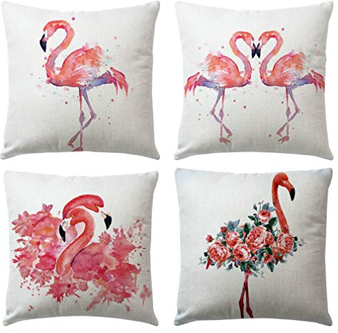 ULOVE LOVE YOURSELF Flamingo-Kissenbezüge mit tropischem Aquarell-Design, 45,7 x 45,7 cm, für Sofa, Couch, Veranda, rosa Flamingo, 4 Stück