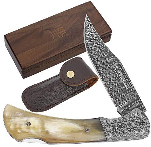 YOUSUNLONG Il miglior coltello da caccia - Coltellino tascabile con lama a goccia pieghevole - Manico in corno di toro
