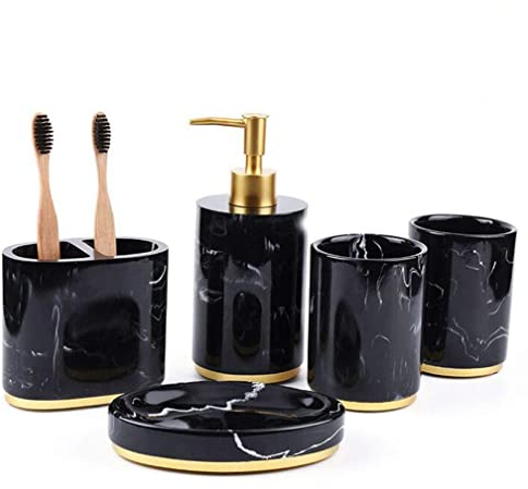 Badezimmer Zubehör Badausstattung Sets 5-Teiliges aus Harz,Marmor Aussehen mit Seifenspender, Zahnputzbecher, Seifenschale,Zahnbürsten-Halter, luxuriöses Badezimmer-Set Weiß Schwarz