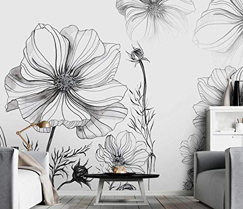 Papier Peint Fleur Noir Et Blanc Dessiné À La Main Mur Papier Tv Fond 3D Fond D'Écran - 350x256CM（LxH)-XXL