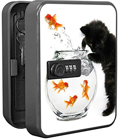 banjado Burg-Wächter Schlüsselkasten abschließbar für 20 Schlüssel/Schlüsselbox mit Zahlenschloss 16x20x8cm groß/Schlüsselaufbewahrung aus Stahlblech schwarz/Motiv Katze Und Fisch