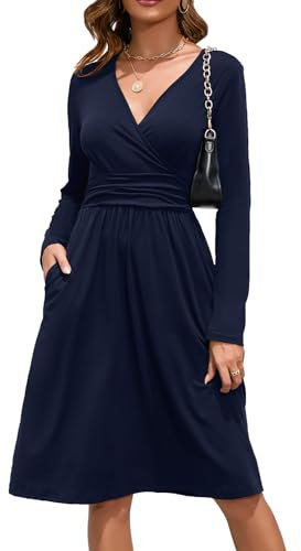 OUGES Women's Midi Dress V-Neck Wrap Casual Ladies Long Sleeve Dress with Pockets(Navy,M)