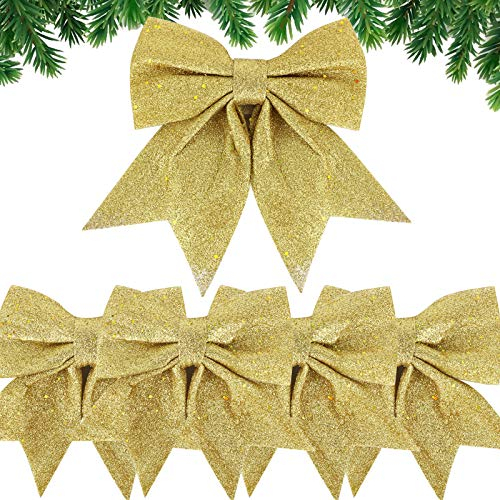 5 Stück XL Weihnachtsbaum Schleifen Gold Weihnachten Deko Glitzer Schleifen Weihnachtsbaum Bogen Schleife Deko Weihnachtsbaumschmuck Schleifen für Zuhause Festival Party Baumkranz Dekorationen