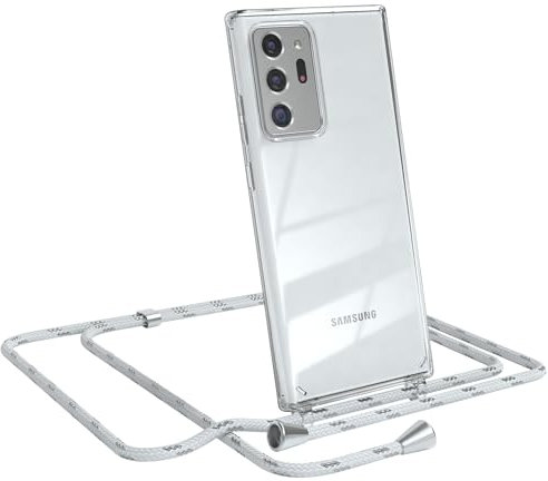 EAZY CASE Handykette kompatibel mit Samsung Galaxy Note 20 Ultra/Note 20 Ultra 5G Handyhülle mit Umhängeband, Handykordel mit Schutzhülle, Silikonhülle, Hülle mit Band, Stylische Kette, Weiß/Silber