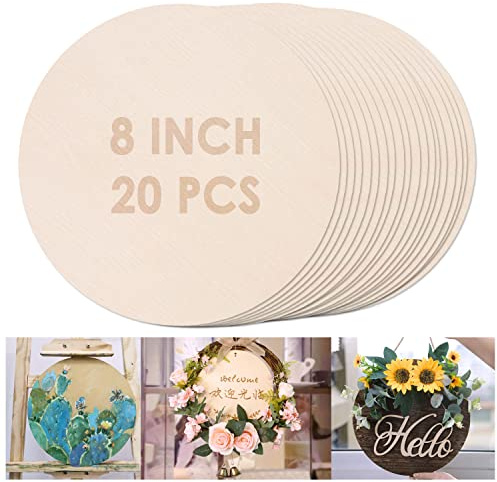 Unixing 20PCS 8Inch Round Poplar Wood Discs for Crafts, Unfinished Wooden Slices, Wood Circles for Painting, Door Hanger, Home, Holiday Decor, 3 mm Thick