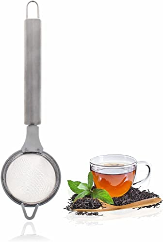 Tea MINI Strainer Fine Mesh Stainless Steel with Comfortable Non Slip Hanging Handle Spoon Oil Sieve Filter Grease Kitchen Essentials Straining Cocktail Coffee Powder Sugar 1PC