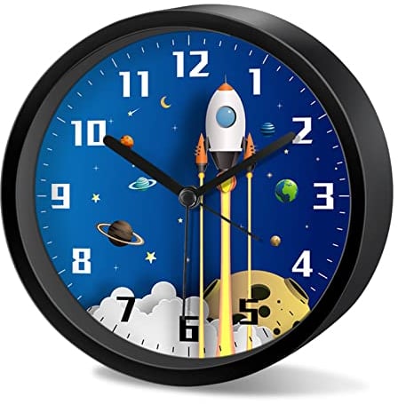 EXQULEG Kinderwecker Jungen Ohne Ticken, Kinder Wecker Weltraum Astronauten, Analoger Wecker Reisewecker für Junge Mädchen und Schüler (Schwarz,Runde)