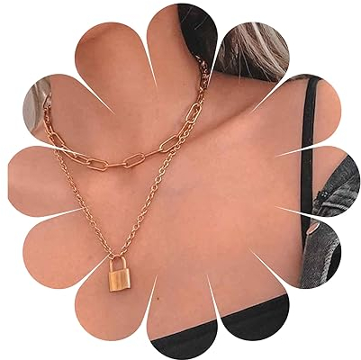 Yheakne Punk Geschichtet Schloss Choker Halskette Gold Vorhängeschloss Anhänger Halskette Klobig Büroklammer Kette Halskette Vintage Aussage Kette Schmuck Für Frauen Und Mädchen Geschenke Für Sie