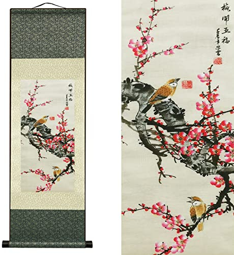 Seide Scroll Malerei Asiatisch Wand Dekoration Seidenmalerei Vögel und Blumen - Pflaumenblüten fünf Segnungen Chinesische Kunstwandrolle Hängende Bildrolle Orientalisches Dekor (92 x 30 cm)