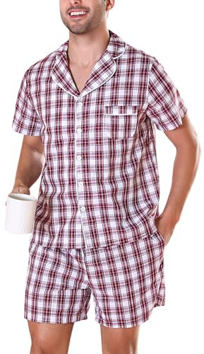 Irdcomps Pyjama Homme Coton Été Court Ensembles de Pyjamas Plaid Ete Vêtements De Nuit Carreaux Vêtements de Détente à Manches Short Pyjama Loungewear Deux Pièces Confortable Doux Rouge+Blanc1 XL
