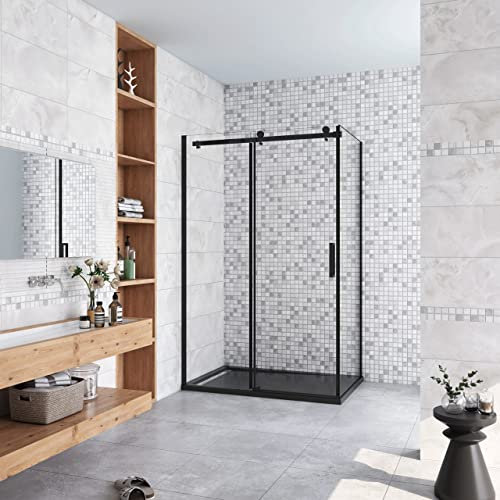 200 cm Box Doccia Angolare Porta Scorrevole 100 cm con Parete Fissa 80 cm Vetro da 8 mm Temperato Trasparente Anticalcare Telaio Nero Opaco