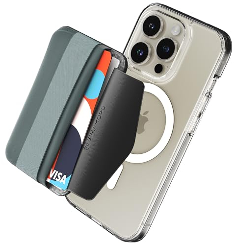 Sinjimoru Magnetischer Handy Kartenhalter mit elastischem Fingerhalter, Kartenetui mit weichem kompatibel mit MagSafe Wallet für iPhone 16, 15, 14, 13 & 12 Reihe. M-Band Blau Grau
