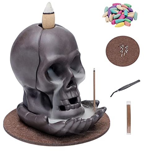 Brûleur d'encens en Forme de tête de Mort, Cascade, d'encens à refoulement en céramique avec 40 cônes d'encens+ 30 bâtons d'encens + 1 Pince à épiler + 1 Tapis pour Halloween, Bar, Maison hantée