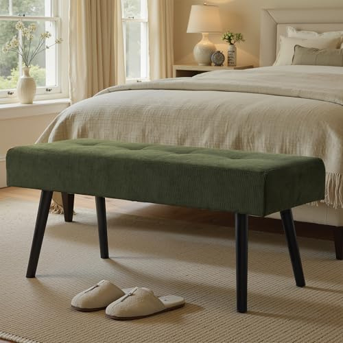 Comfy to go Entryway Bench - Green Bench for Bedroom, Modern Ottoman End of Bed, Corduroy Padded Benches for Living Room, Foyer, Mudroom, Hallway - 39 L x 14 W x 17 H