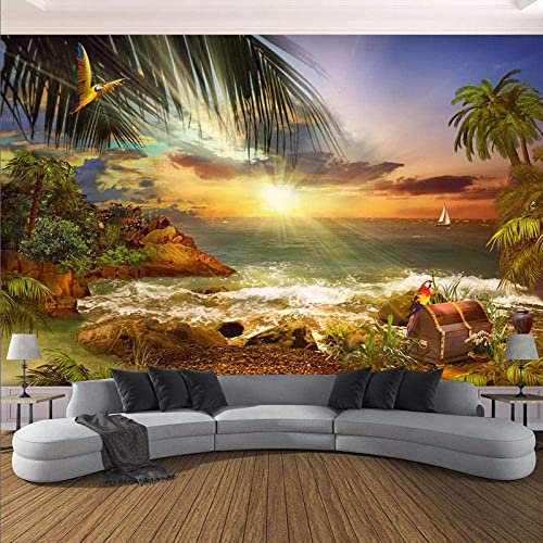 GHASOO Mural Photo Wallpaper - Sunset Beach Coconut Tree Landscape - Peel and Stick Wallpaper - 3D Self-Adhesive Mural - 3D Bedroom Wall Sticker Wallpaper - 3D Wall Art Poster Picture 55X 27
