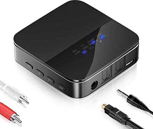 Bluetooth 5.0 Transmitter Receiver, 2 in 1 Bluetooth Aux Adapter, Wireless Audio Receiver with 3.5mm AUX RCA Cable, for TV Car PC Home Stereo System, 24H Playtime, Dual Device Connection, Low Latency