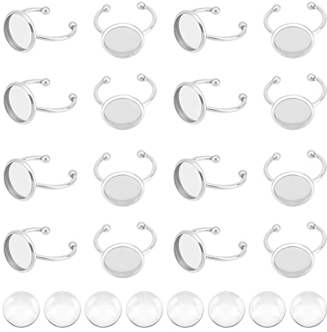 UNICRAFTALE 30 Sets 12mm Tablett Rohlinge Fingerringe 304 Edelstahl Rohling Fingerringe Cabochon Set Flache Runde Offene Manschetten Lünette Ringe Mit 30 Stk Glas Cabochon Für Ring Schmuckherstellung