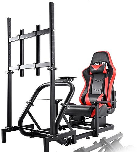 Anman Racing Simulator Cockpit Pro with Seat Professional Sim Racing Wheel Frame Large Round Tube Fully Adjustable without Pedal Wheel and Handbrake (COCKPIT TV PRO - RED)