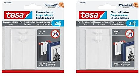 tesa Powerstrips, Clavo Adhesivo para Yeso y Papel Pintado, Gancho Reutilizable Doble Cara para Cuadros y Objetos Decorativos, Fijación de 2.0 kg, 2 Unidades, Blanco (Paquete de 2)