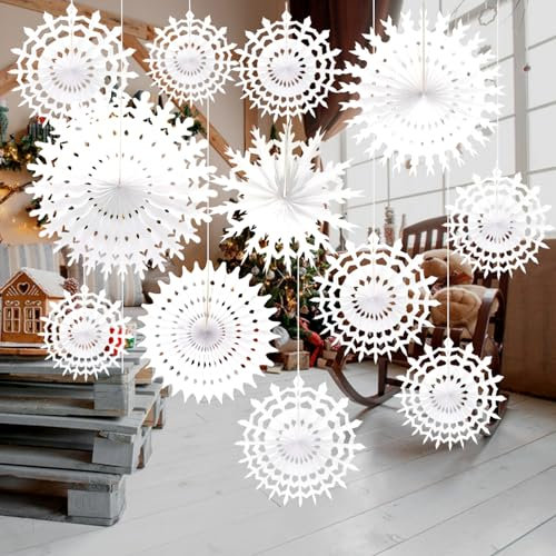 Paper Christmas Decorations, 12PCS White Snowflakes Fans Decorations Christmas Paper Snowflakes Hanging Decoration for Winter Home Christmas Wedding Decorations