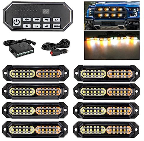 OPP ULITE 20-Flashing Mode White Amber Led Grille Strobe Lights with 9 Key Switch Surface Mount 12-LED Mini Warning Grill Light Bar for Construction Tow Trucks Van Utility Vehicle, 8pcs Pack