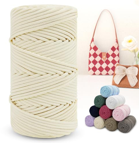 LEREATI Polyester Garn 150m Makramee Garn 4mm Geflochten Polyester-Seil Farbig Häkelgarn, Polyester Macrame Cord 4mm für Häkeltasche Umhängetasche Handtasche Geschenk Strickwaren (Cremiges Weiß)