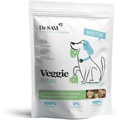 Dr. SAM Premium Snacks für Hunde - Veggie Bites mit Buchweizen, Karotten und Spirulina - hypoallergene vegetarische Gemüse Leckerlis ideal bei Nieren-& Leberdiät - glutenfrei - Treat for Dogs - 200g