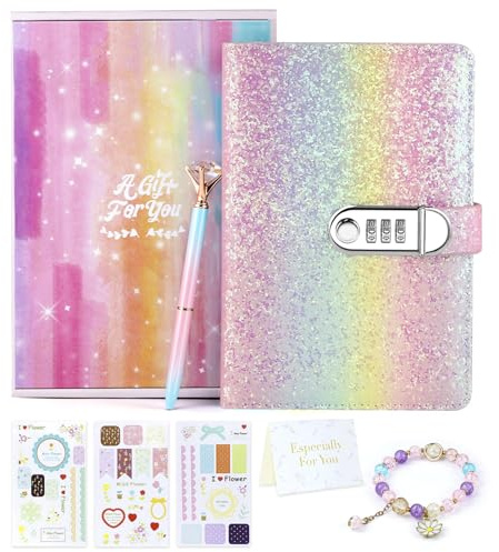 Kidsord Diary with Lock for Girls, Birthday Gifts for 8 9 10 11 12 Year Old Girls, Kids Journal with Lock and Pen, Password Journal Notebook Kit for Girls, 200 Pages Secrect Diary (Rainbow Pink)
